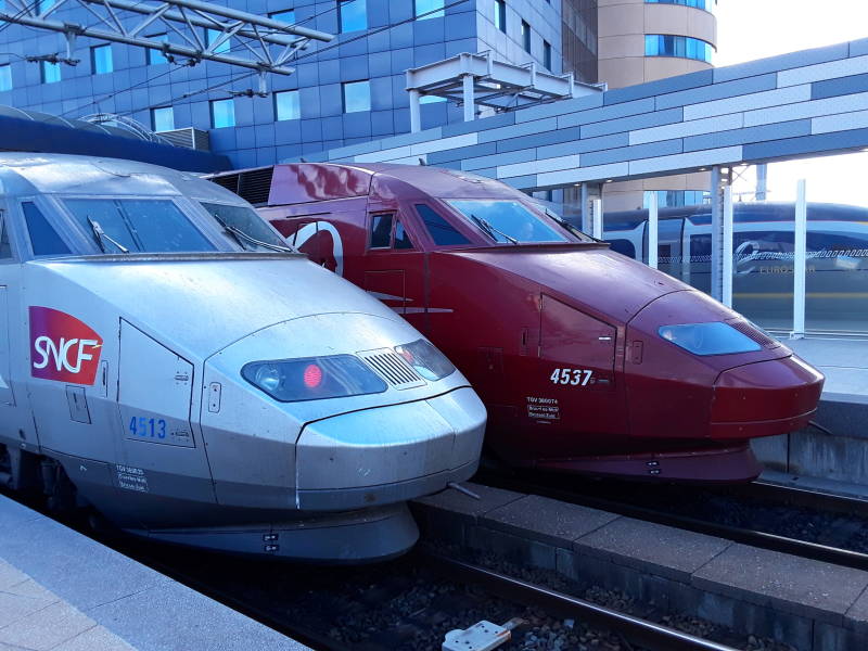 TGV and Thalys high-speed trains at Brussel-Midi, ready to take me to Paris.