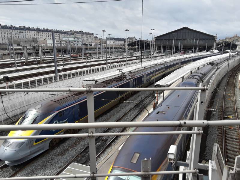 Eurostar trains at Gare du Nord in Paris.