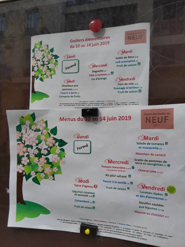 Menu at a school in the 9th arrondissement.