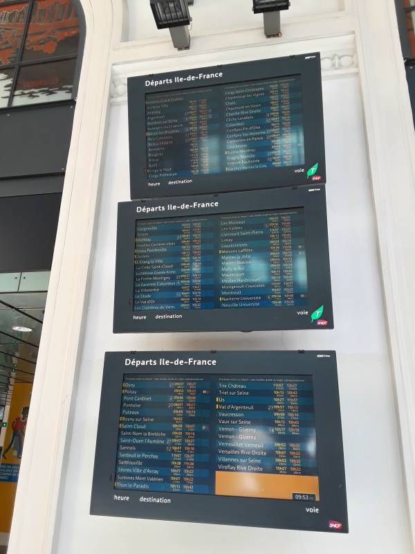 Train schedules in Gare Saint-Lazare in Paris.
