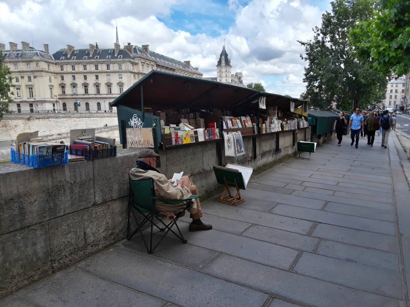 Book stalls along the Seine River through Paris.