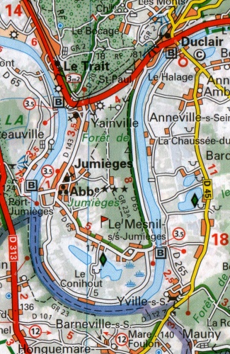 Map of Normandy showing Jumièges Abbey along the Seine near Rouen.