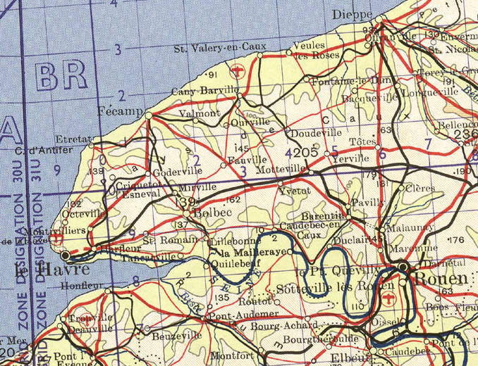 Map of Normandy, map NM-30-31 showing the Seine winding its way from Rouen to the sea.