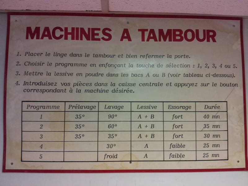 Washing machine programs in a lavomat or laverie in Avignon.