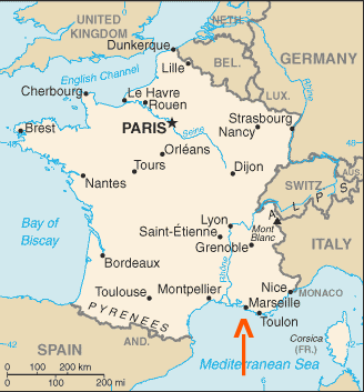 Map of France with an arrow pointing to Marseille.