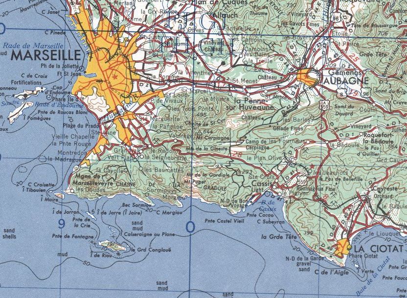 NK31 map showing the coast roads from Marseille to La Ciotat.
