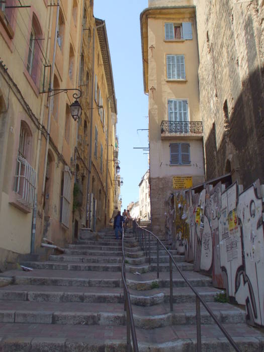 Worn stone staircase as we climb into the Panier district of Marseille.