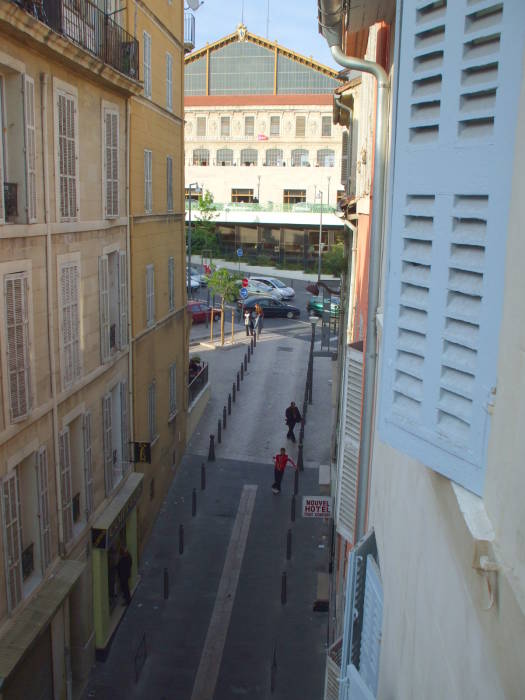 View from a room in the Vertigo hotel along Rue des Petites Maries in Marseille.