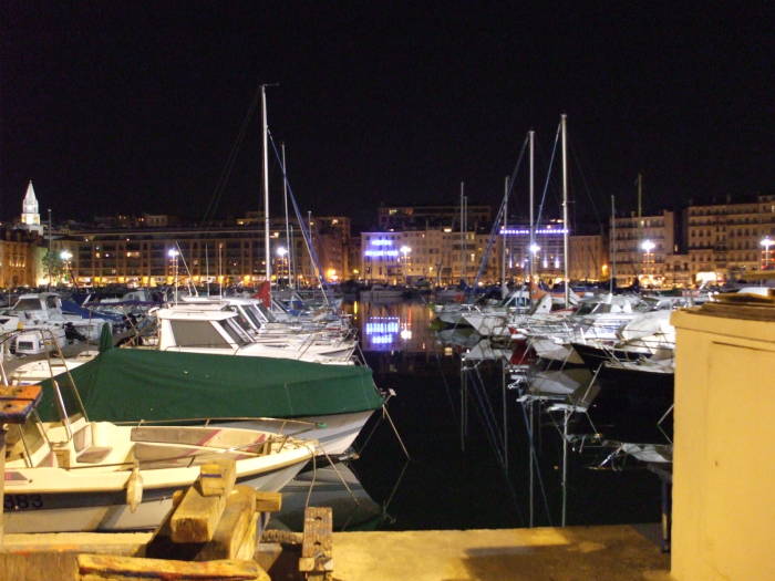 Night time view of le Vieux Port, the Old Port of Marseille.
