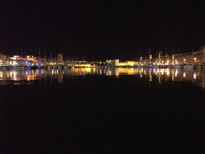 Night time view of le Vieux Port, the Old Port of Marseille.