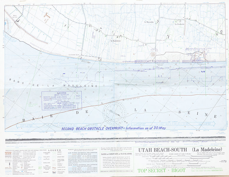 U.S. military map of the 8th Infantry Division landing plan on Utah Beach on D-Day, 6 June 1944, Operation Overlord.  Naval landing zones and battlefield areas.  Beach and land obstacles, marked TOP SECRET - BIGOT.