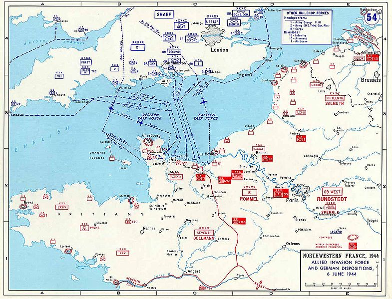 Map of Operation Overlord, the D-Day landings on the beaches of Normandy, 6 June 1944, from https://en.wikipedia.org/wiki/File:Allied_Invasion_Force.jpg