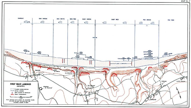 U.S. military map of the first wave landings on Omaha Beach on D-Day.  Omaha Beach sectors Charlie, Dog, Easy, Fox, infantry movements.