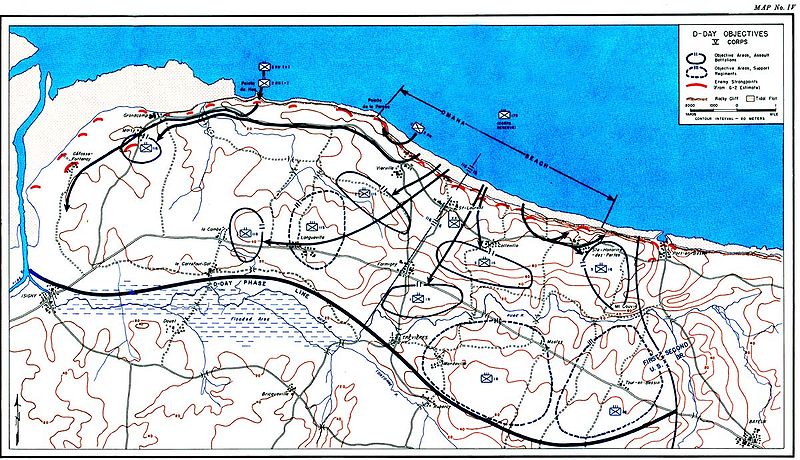 U.S. military map of the D-Day objectives on Omaha Beach.  Pointe du Hoc, the Ranger cliff assault and landing site.  Omaha Beach.  German defenses and battlefields.