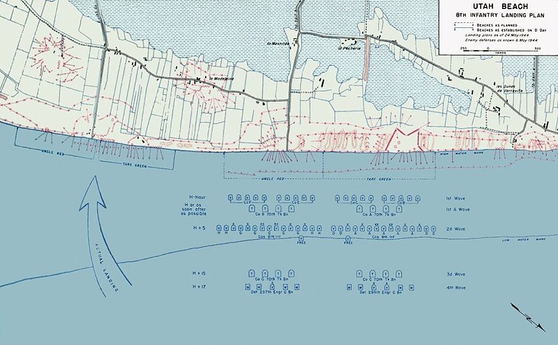 U.S. military map of the 8th Infantry Division landing plan on Utah Beach on D-Day, 6 June 1944, Operation Overlord.  Naval landing zones and battlefield areas.