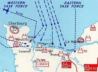 Detail of a U.S. military map of the D-Day invasion plan for Operation Overlord.  The coast of Normandy with Utah Beach, Omaha Beach, Gold Beach, Juno Beach, and Sword Beach.  Allied naval invasion routes and paratrooper drop zones.  German defenses inland.