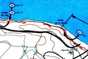 Detailed map of D-Day landing zones along Omaha Beach from Vierville-sur-Mer to Pointe du Hoc.