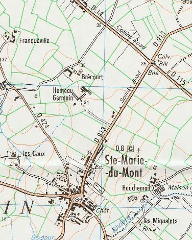 Detailed French topographic map showing the location of Brécourt Manor, just inland of Utah Beach.  D-Day battlefields surround it.