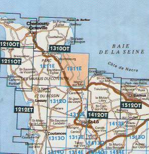 Index of IGN 1:25,000 map showing coverage of 1311E and Utah Beach, on the Normandy coast.