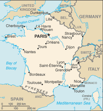 U.S. Government map of France showing the Normandy coast and the D-Day landing beaches.