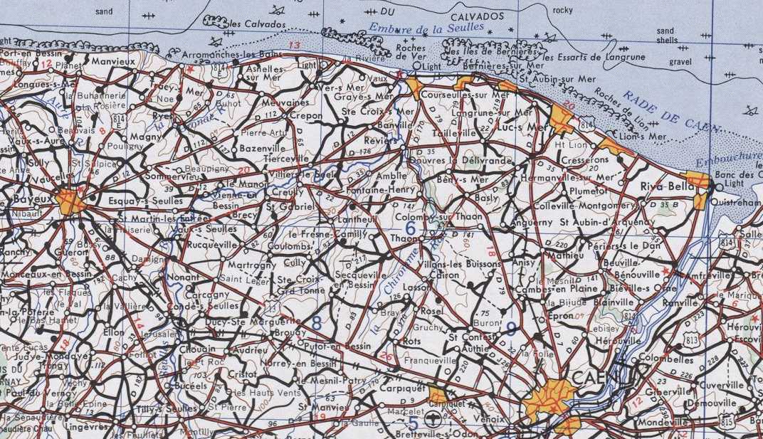 NM 30-09 map of Normandy showing the coast from Bayeux to Caen.