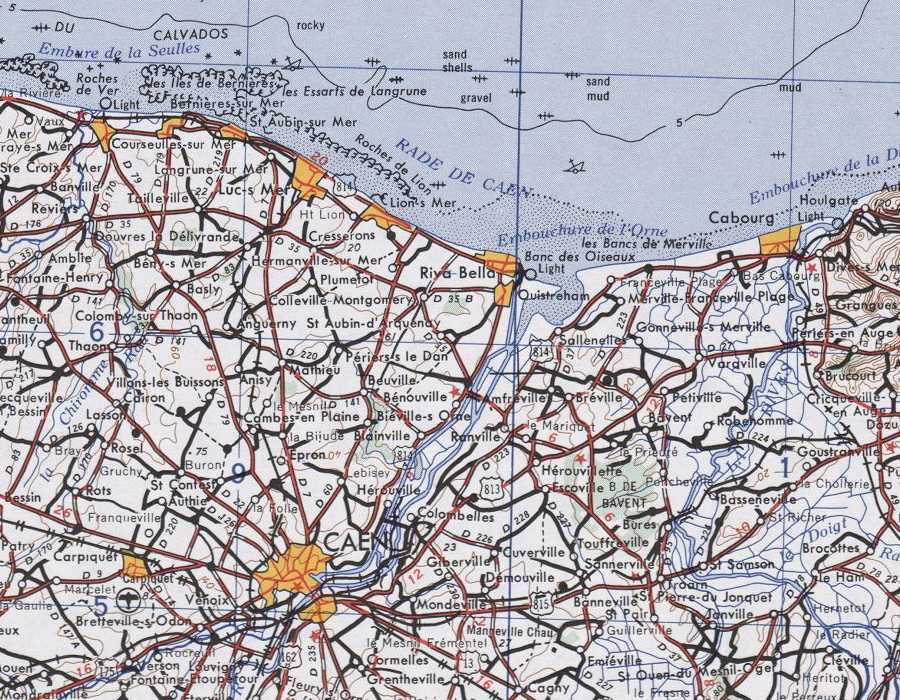 NM 30-09 map of Normandy showing Caen and the area around Pegasus Bridge.