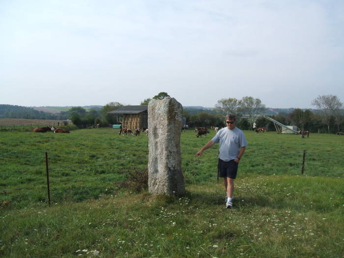 Megalith near Colombiers-sur-Seulles.  A single menhir or standing stone with incised pockets.