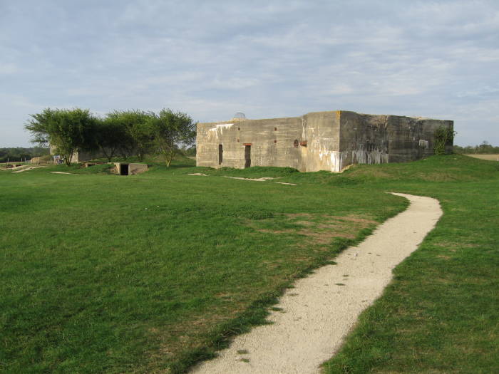 Overall view of several German artillery bunkers, Azeville Battery, in Normandy.