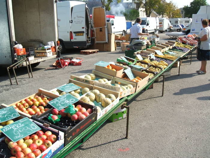 Fruits and vegetables on sale at the Carentan market, in Normandy.