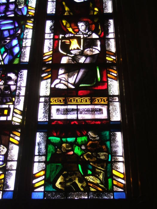 Stained glass window commemorating the 101st Airborne Division, in a church in Carentan, in Normandy.