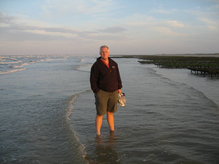 Standing at the low-water line on Utah Beach, just beyond the oyster farm.