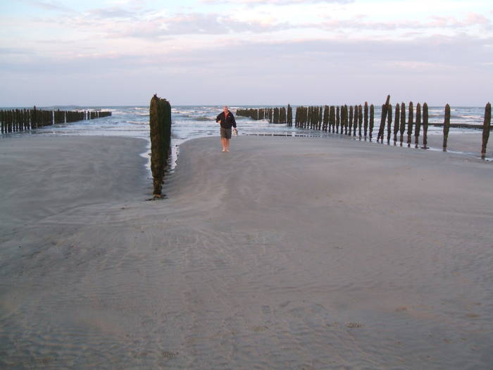 Jeff wades ashore between the mussel poles on Utah Beach as the tide quickly rises.