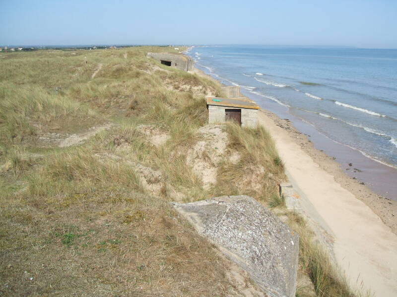 View north from WN8 bunker toward StP9 bunker on Utah Beach.