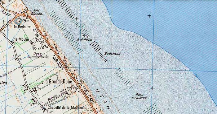 Map of Utah Beach showing tidal variation, oyster and mussel farms, German defensive bunkers, and the D-Day battlefields.
