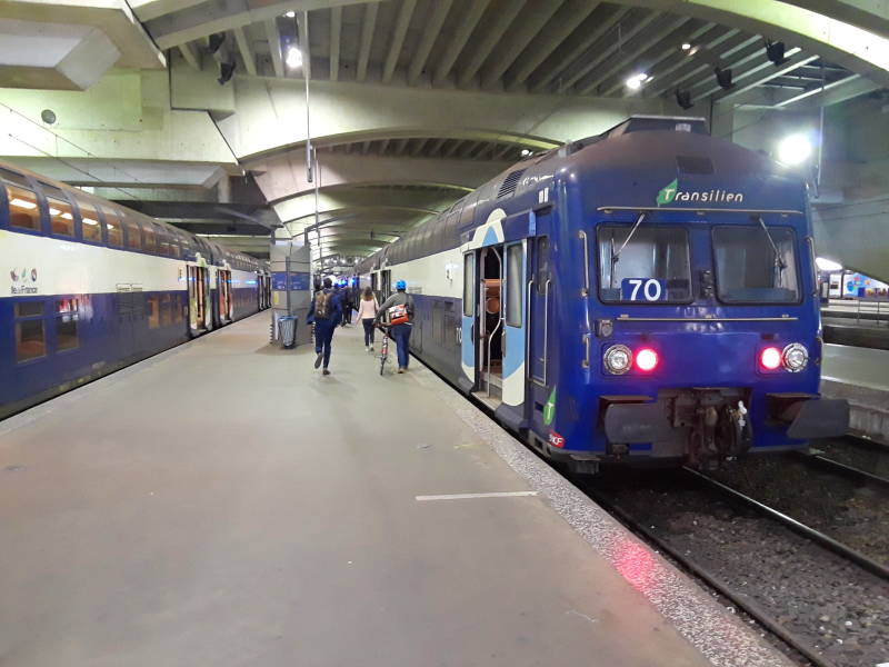 Transilien suburban train leaving Gare Montparnasse in Paris.