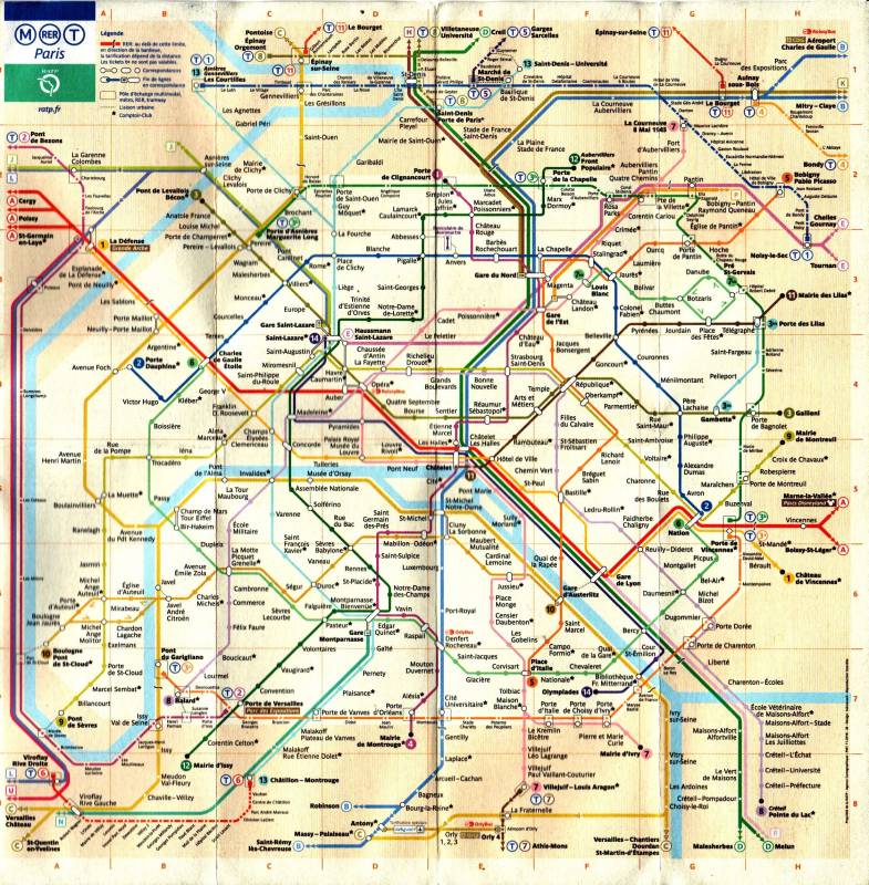 Battered paper Paris Métro map.