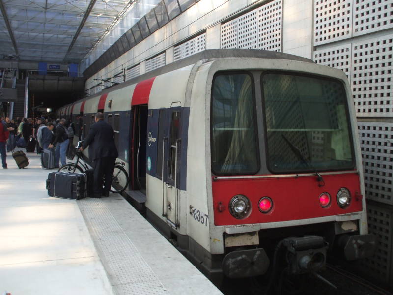 Paris RER train departing CDG, Charles de Gaulle Airport.