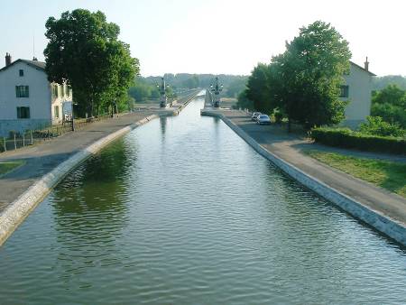 Crossing the large canal bridge at Briare on the Canal Lateral a la Loire in France.