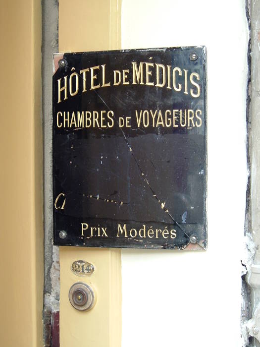 Hôtel de Médicis, where Jim Morrison lived in Paris in the Latin Quarter:  The sign at the entrance.