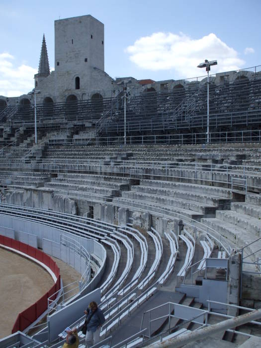 The seats and arena of the amphitheatre in Arles.