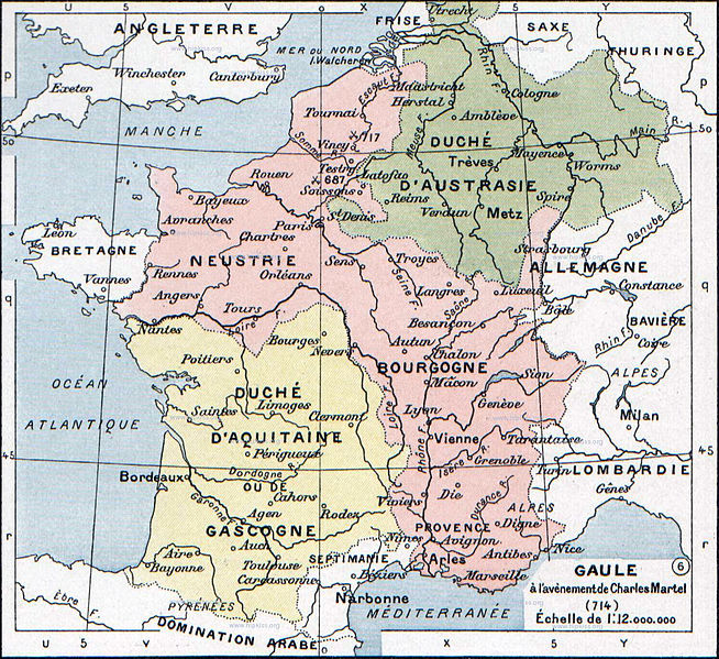 Map of Frankish lands in 714, from https://commons.wikimedia.org/wiki/File:Francia_at_the_death_of_Pepin_of_Heristal,_714.jpg