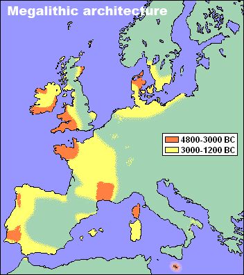Megalithic architecture distribution in Stone Age Europe, from https://en.wikipedia.org/wiki/Megalith