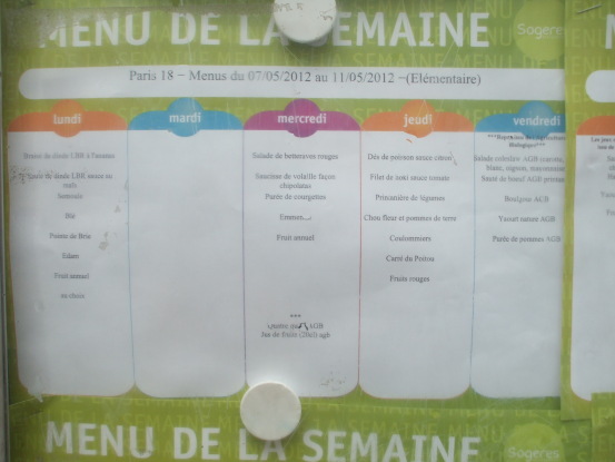 Elementary school menu in Paris, between Pigalle and Montmartre in the 18th Arrondissement.