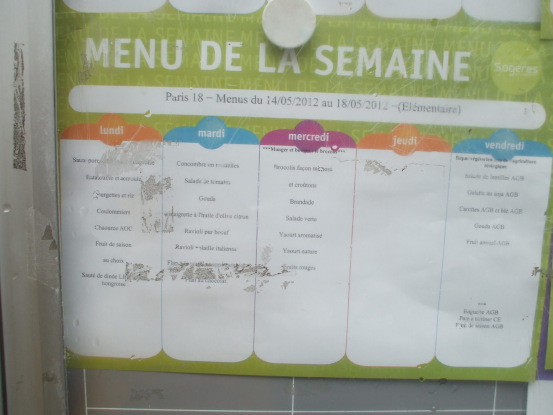Elementary school menu in Paris, between Pigalle and Montmartre in the 18th Arrondissement.