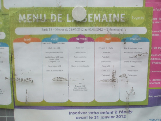 Elementary school menu in Paris, between Pigalle and Montmartre in the 18th Arrondissement.