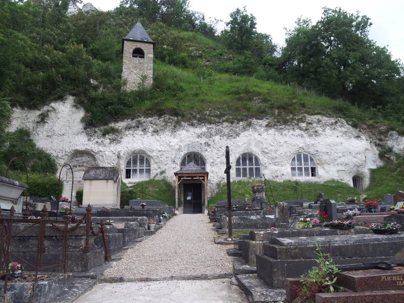 Exterior of the underground church of Haute-Isle, along the Seine River in France.
