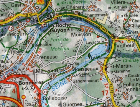 Map showing the Seine river loop at Vétheuil and La Roche-Guyon.