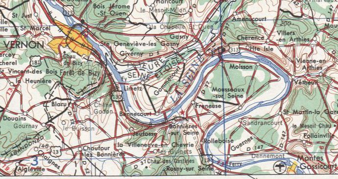 Map NM-31-7 showing the Seine river in France from La Mantes past La Roche-Guyon to Vernon.