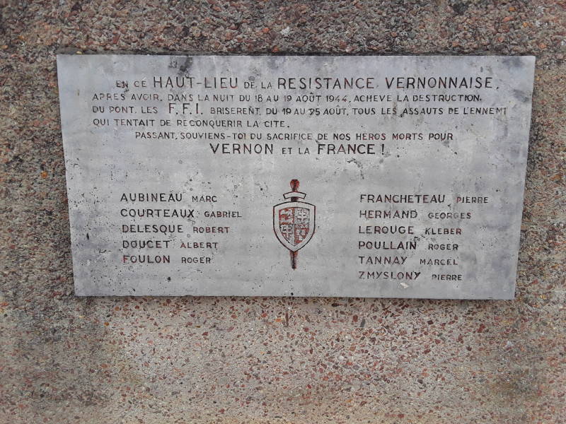 F.F.I. or French Resistance memorial marker at the bridge across the Seine at Vernon.