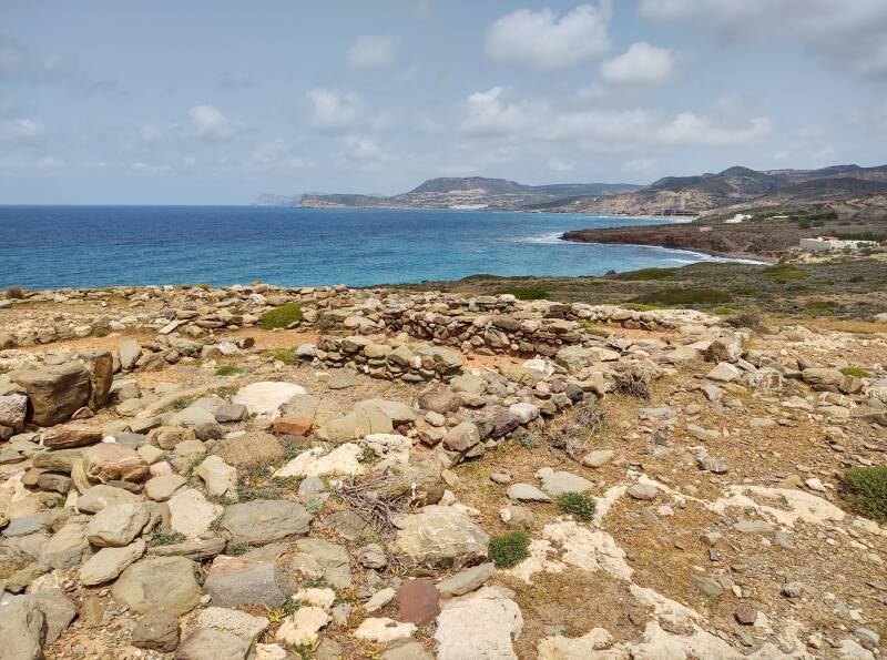 View east along the coast from the Minoan settlement and cemetery at Agia Fotia, a beach resort is under construction in the distance.